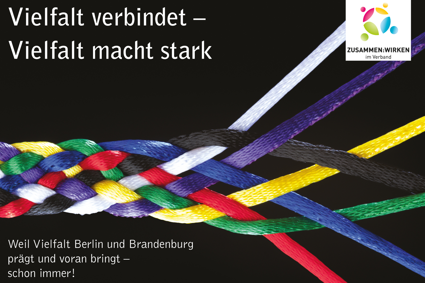 Text: "Vielfalt verbindet, Vielfalt macht stark"; Abgebildet sind auf schwarzem Grund verbundene Fäden, die sich zur rechten Seite öffnen